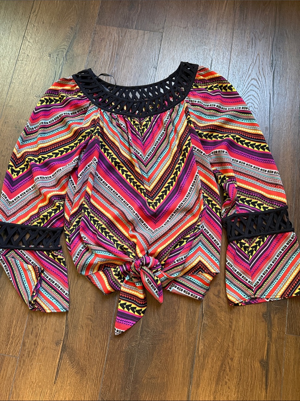XOXO Multicolor Chevron Tie-Front Blouse with Black Crochet Trim